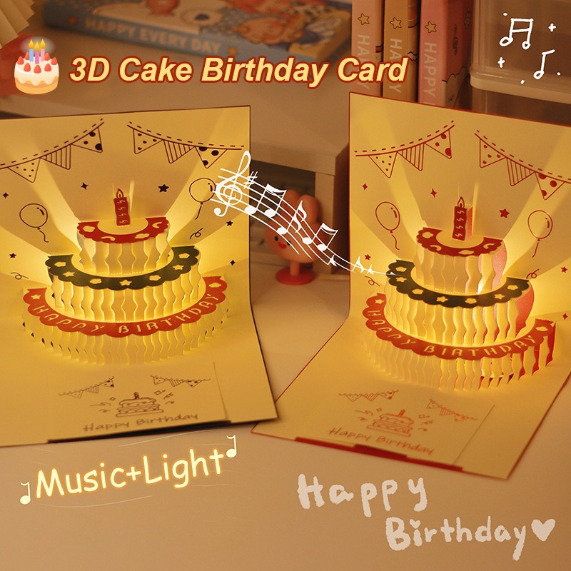 Blank Sheet Music Notebook - Carte d'anniversaire lumineuse musicale 3D, gâteau
